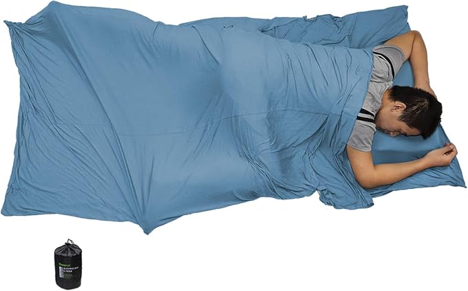 Bamboo rayon travel sleeping bag liner laid flat to show the rectangular shape with integrated pillow pocket