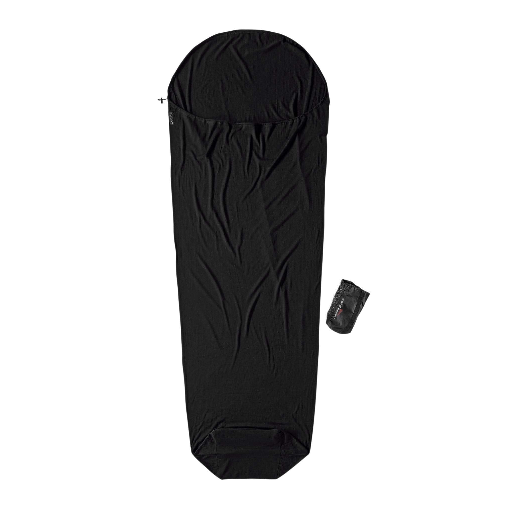 Cocoon premium merino wool mummy sleeping bag liner in black, shown in a clean product shot