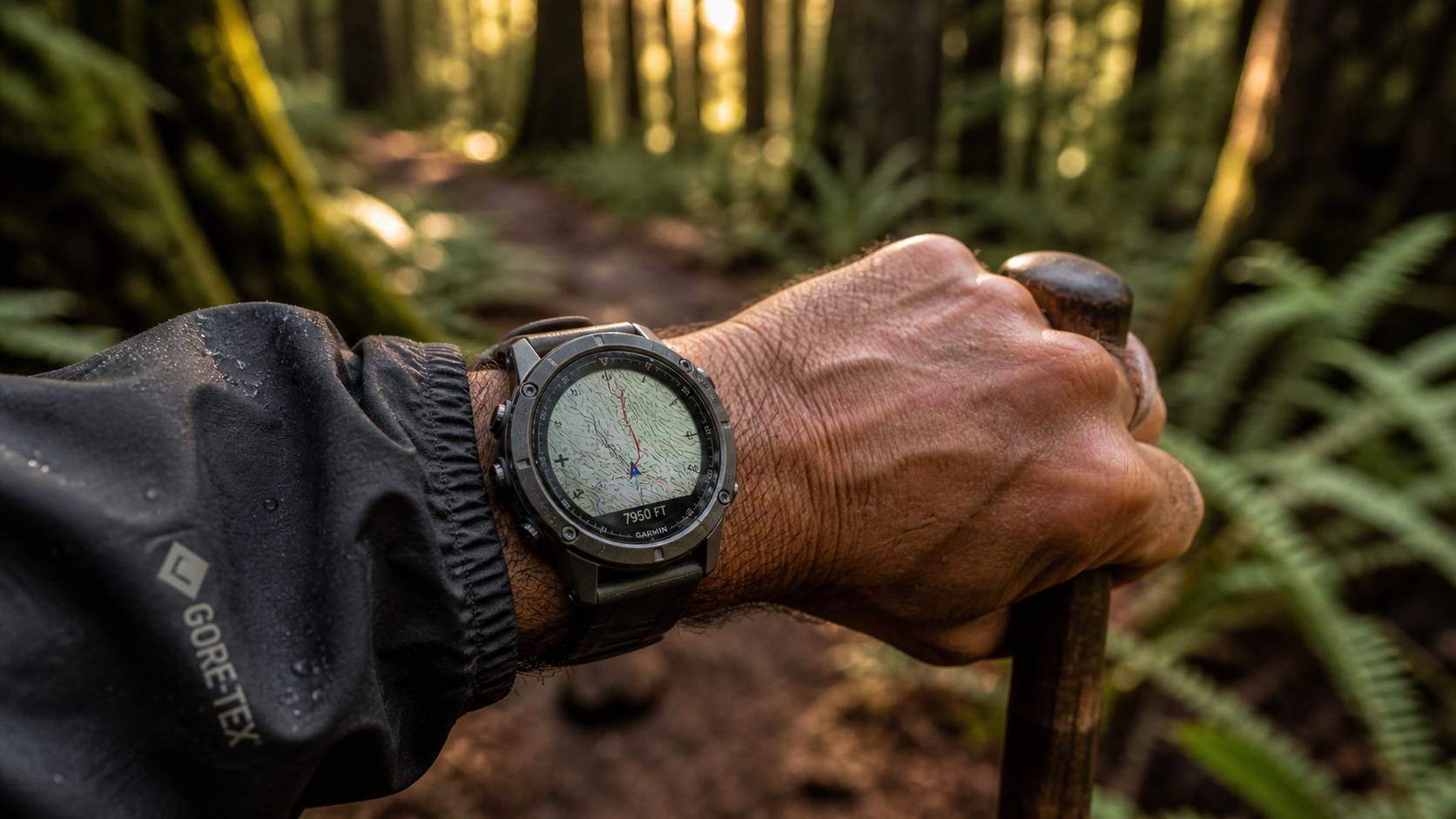 Best Garmin watch for hiking, worn on a hiker's wrist on a forest trail with GPS track and elevation data displayed