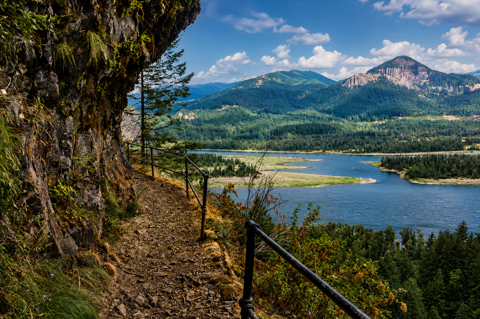 Cliff catwalk trail with metal railing traversing the basalt cliff face above the Columbia River on the way to Upper McCord Creek Falls