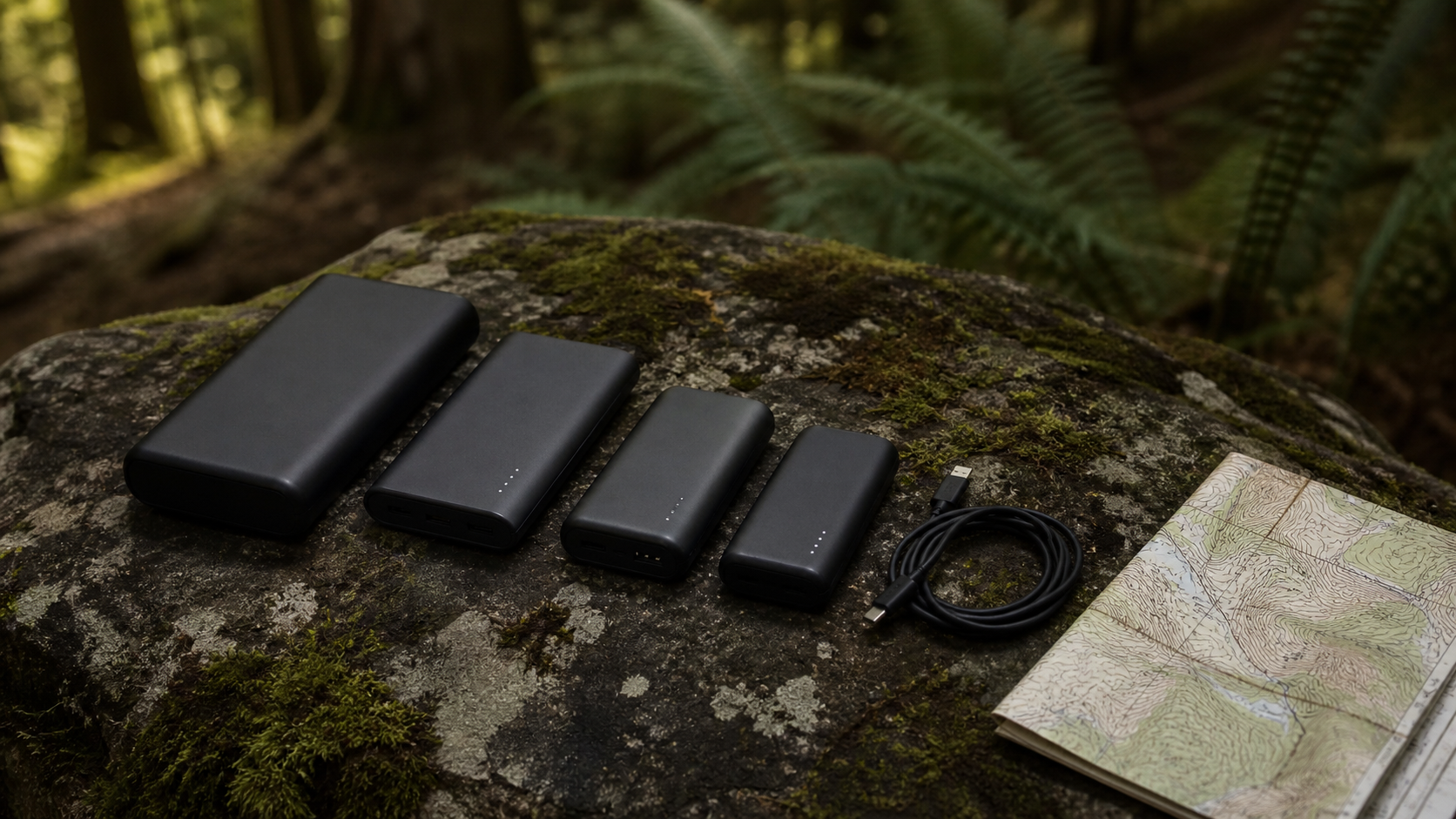 Five hiking power banks on a mossy basalt rock in a Pacific Northwest forest with USB-C cables and a topographic map