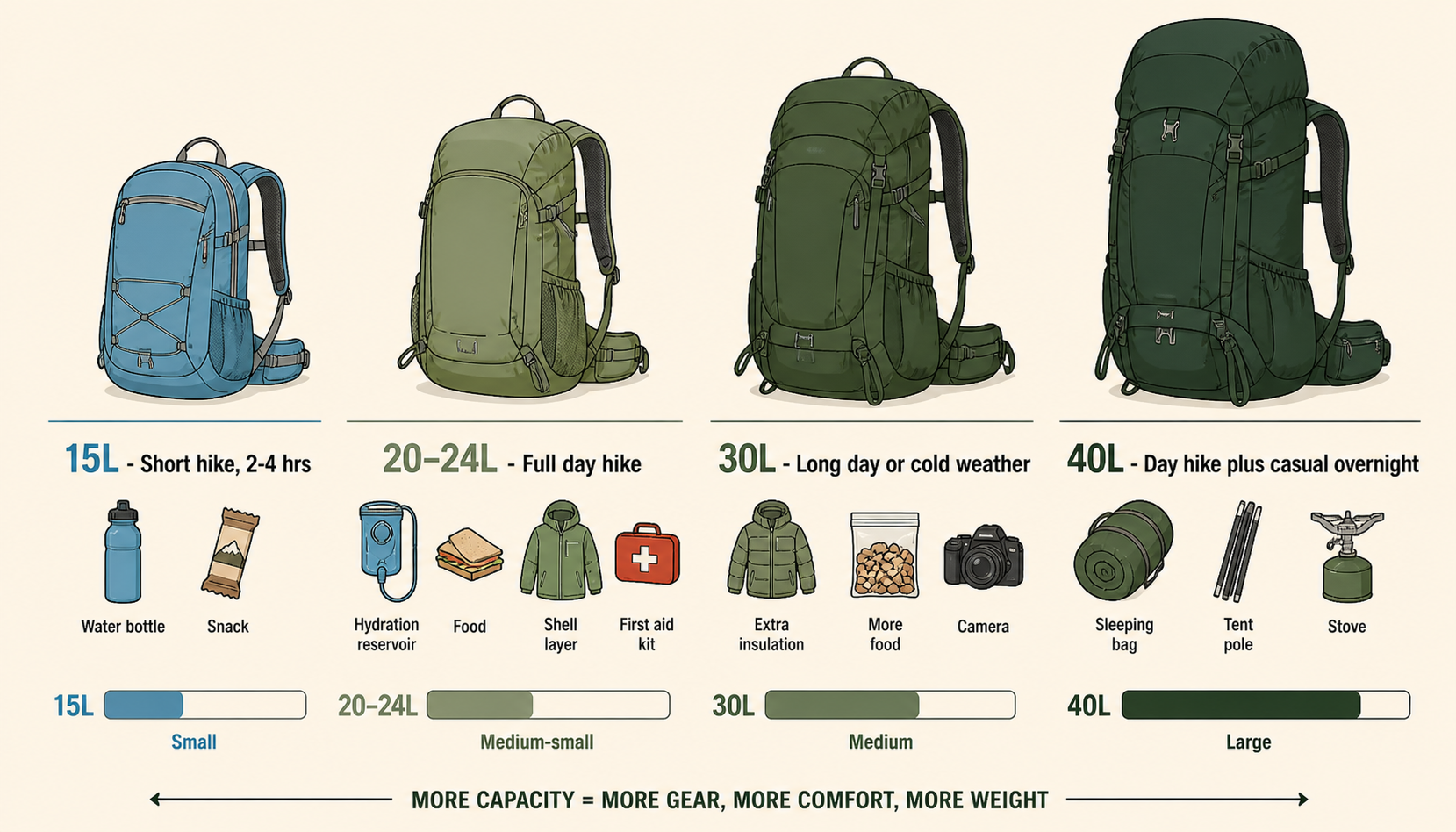 Capacity guide diagram showing four hiking backpack silhouettes increasing in size from 15L for short hikes through 20-24L for full day hikes through 30L for long or cold weather days to 40L for day hike plus casual overnight