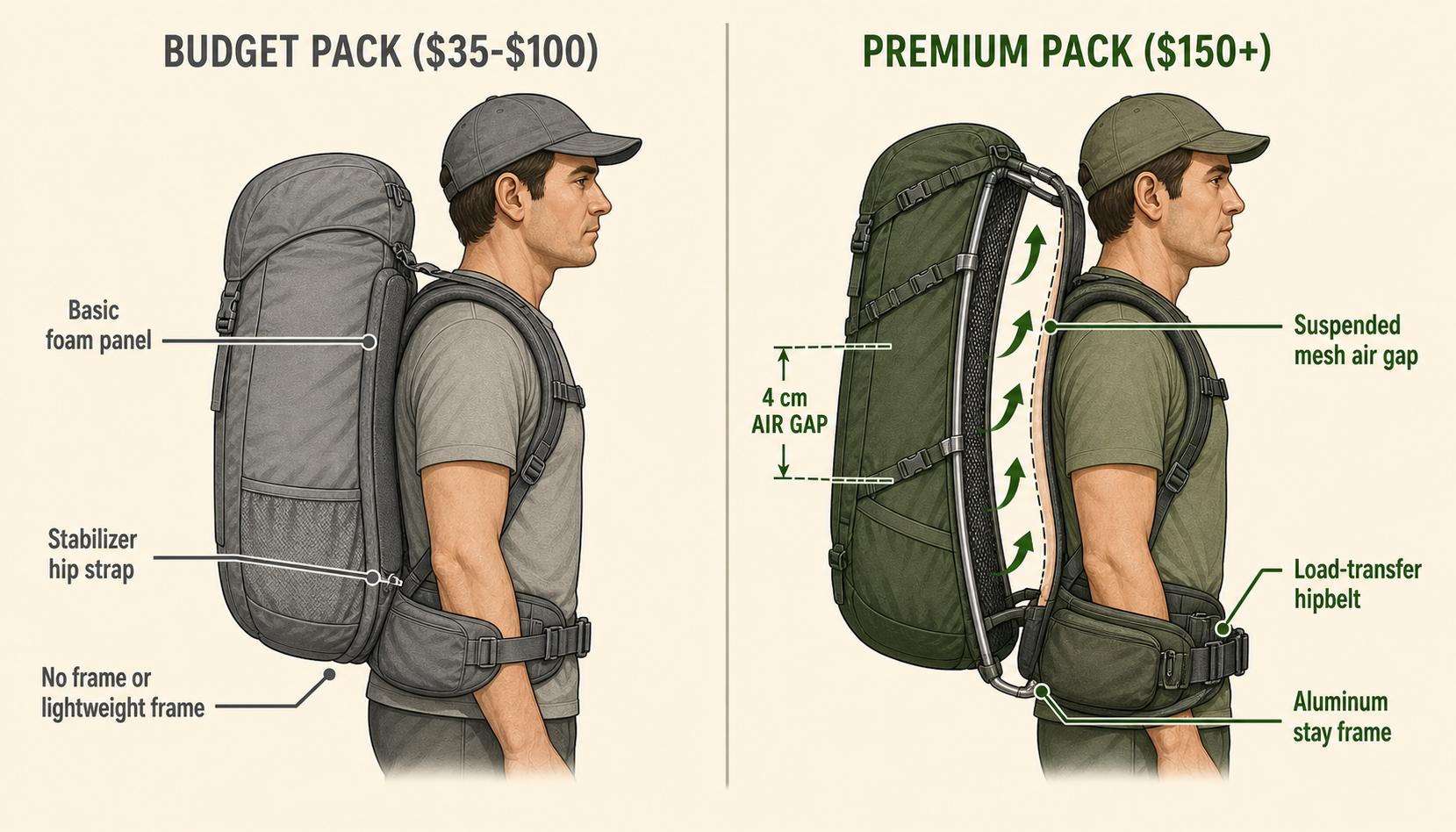Instructional diagram comparing a budget hiking backpack flat foam back panel and stabilizer hip strap on the left versus a premium pack suspended mesh air gap and load-transfer hipbelt on the right