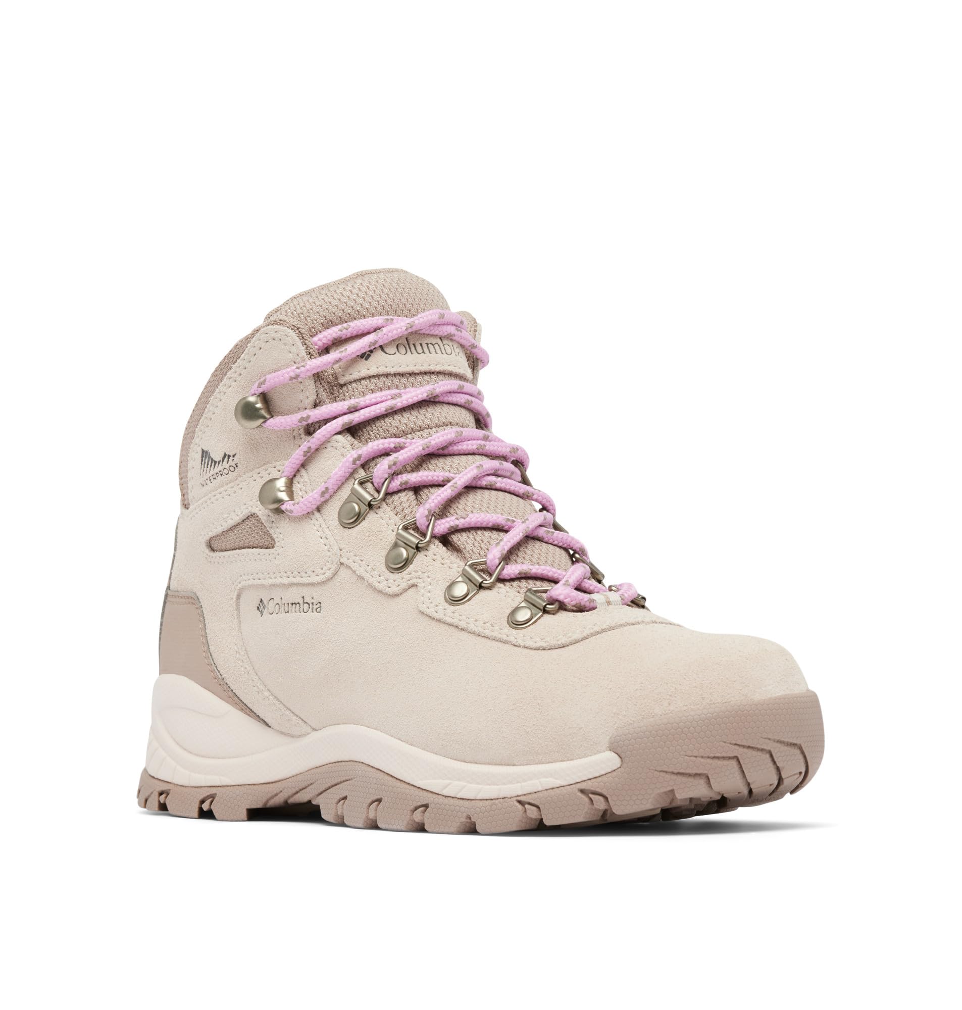 Columbia Women's Newton Ridge Plus Waterproof Amped Hiking Boot, women's hiking boot, gray suede upper with pink laces and Omni-Grip outsole