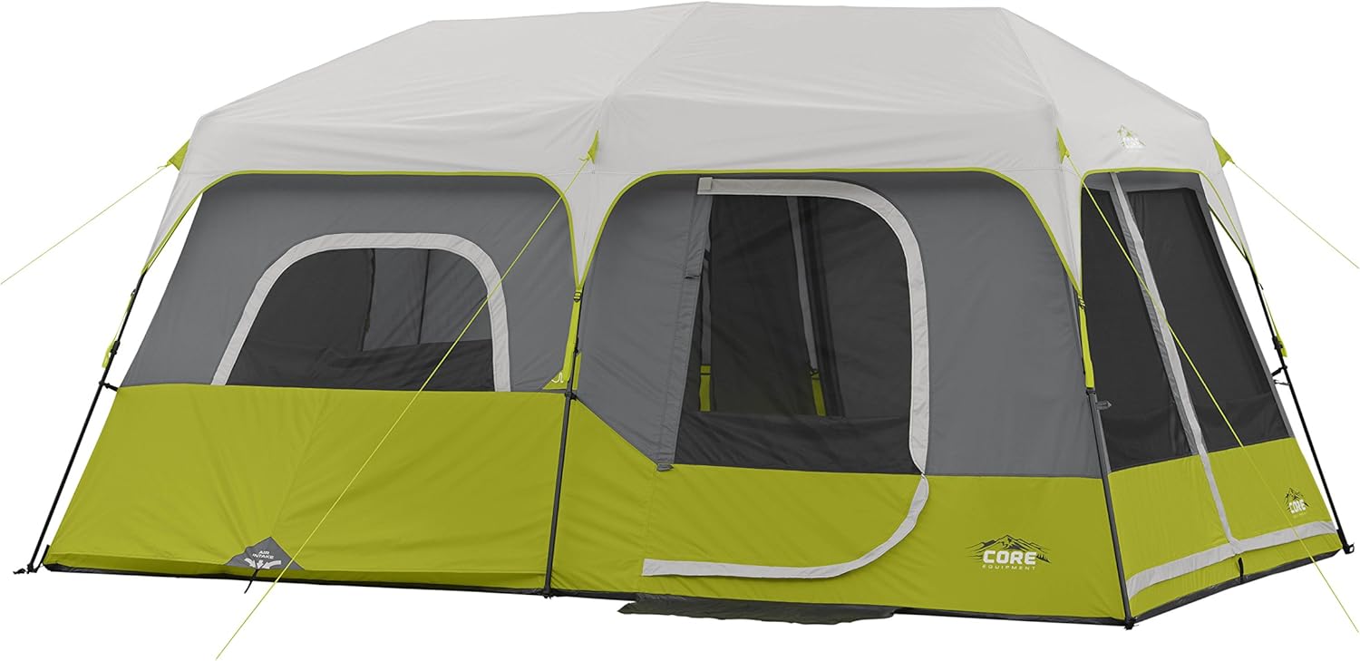 CORE 9-Person Instant Cabin tent set up at a family campsite