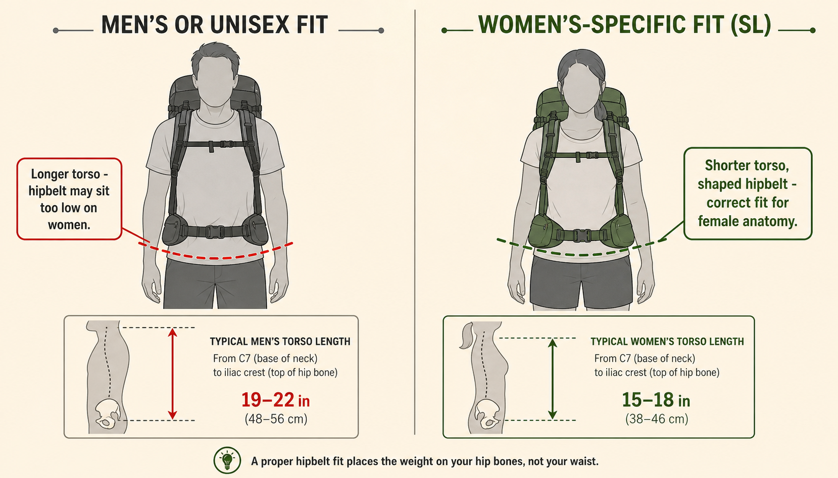 Instructional diagram comparing men's or unisex hiking pack fit with hipbelt sitting too low on the left versus women's-specific SL fit with hipbelt correctly positioned on the iliac crest on the right