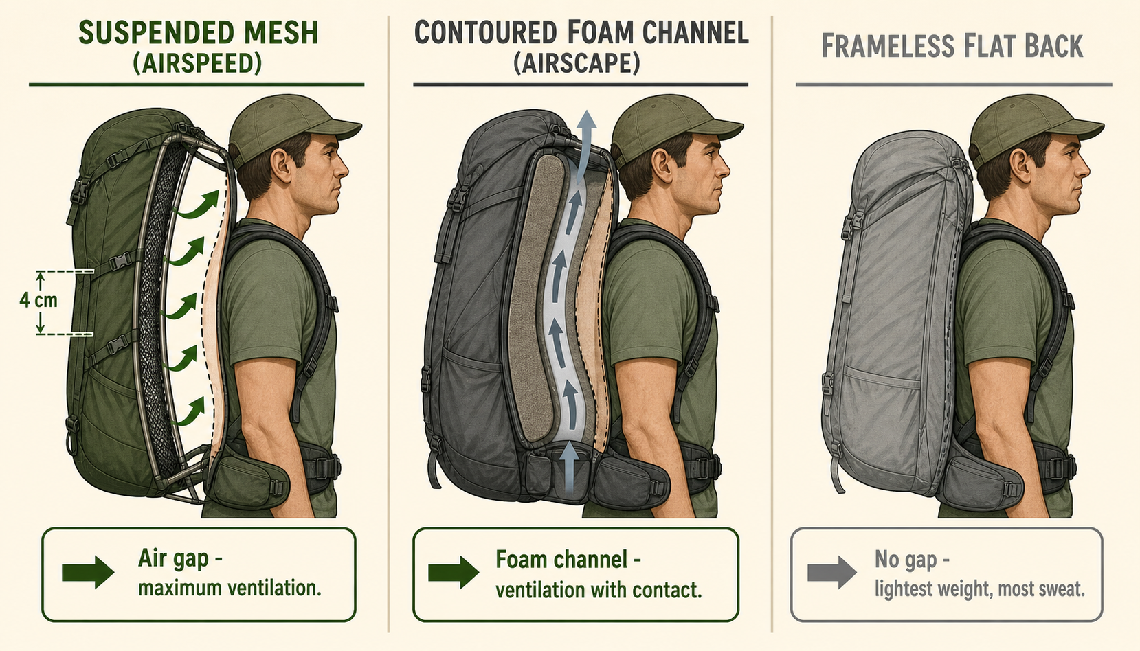 Instructional diagram comparing three day hiking backpack ventilation systems: suspended AirSpeed mesh with air gap on the left, contoured foam AirScape channel in the center, and frameless flat back on the right