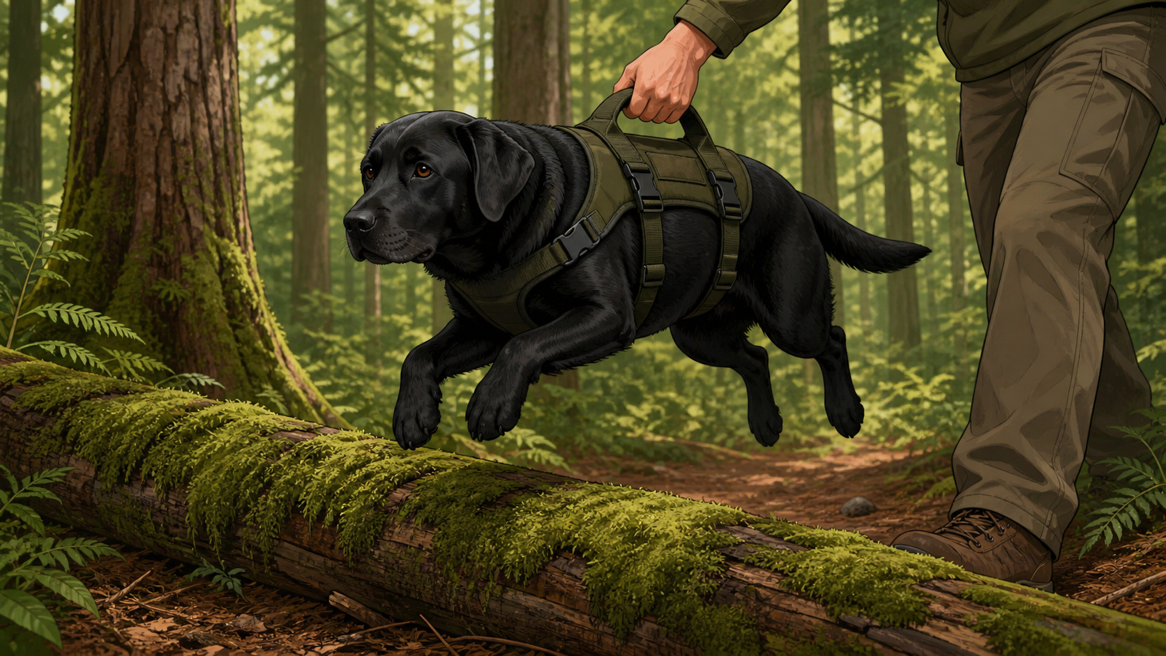 Illustration of a large dog being lifted over a mossy trail log using the top handle of a forest green hiking harness, showing the practical use of a load-rated lift handle on technical terrain