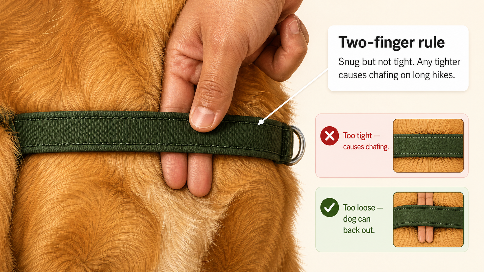 Close-up instructional illustration of the two-finger harness fit check: two fingers slide under a padded forest green harness strap on a golden retriever's chest, with callout labels showing correct fit, too tight, and too loose