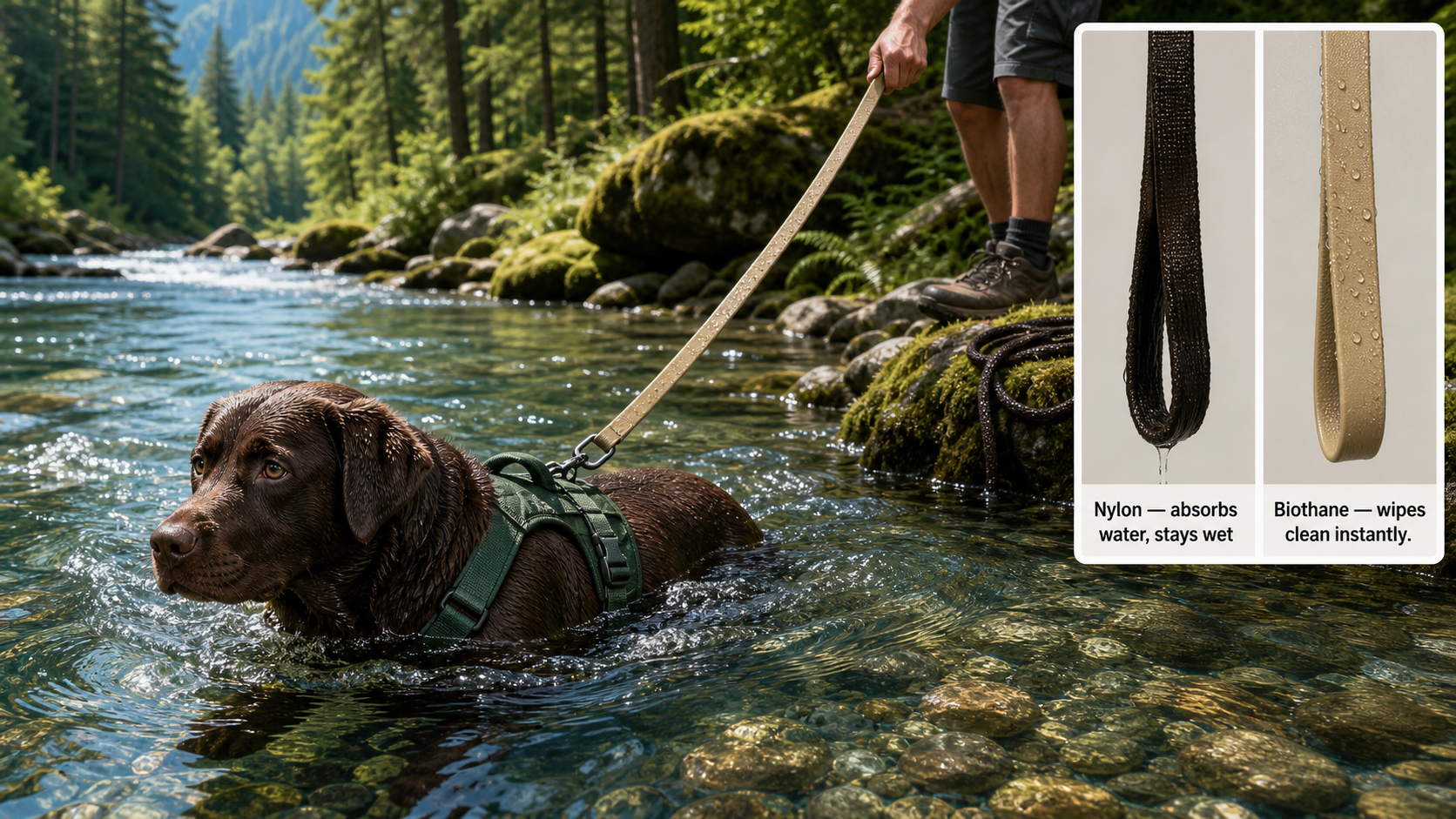 Illustration of a chocolate Labrador swimming through a clear river on a tan Biothane leash, with a side-by-side inset comparing wet nylon leash absorbing water versus Biothane leash staying dry and clean