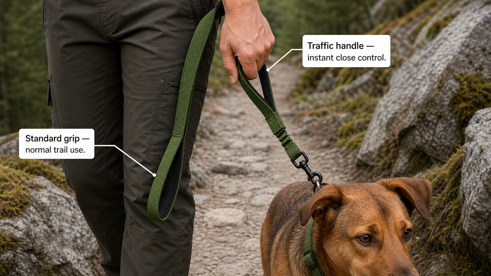 Instructional illustration showing a hiker gripping the traffic handle near the clip for close control on a narrow rocky trail, with the standard grip handle slack at the wrist
