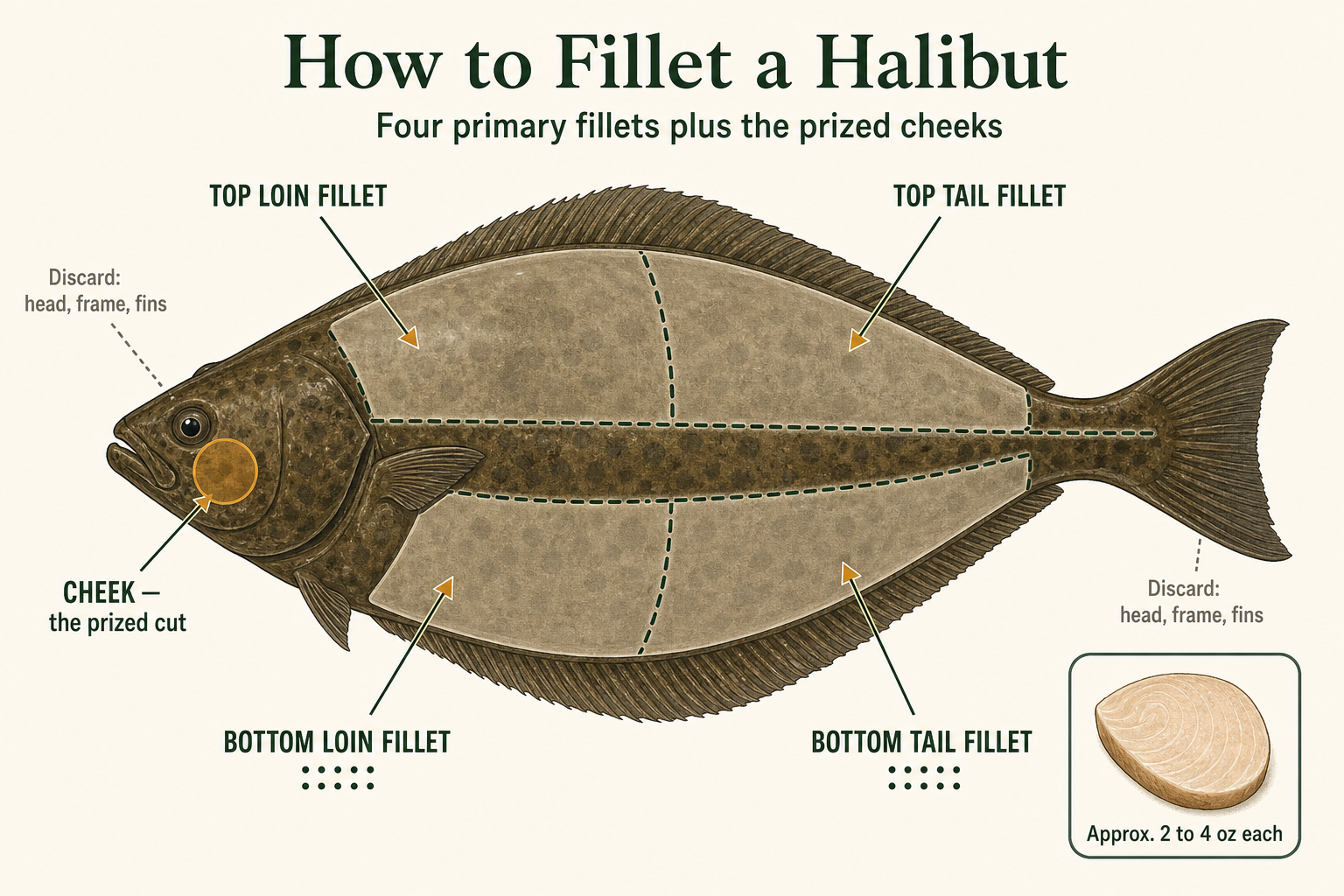 Diagram showing how to fillet a Pacific halibut, with labeled cuts for the four primary fillets (top loin, top tail, bottom loin, bottom tail) and the prized cheek meat behind the eye.