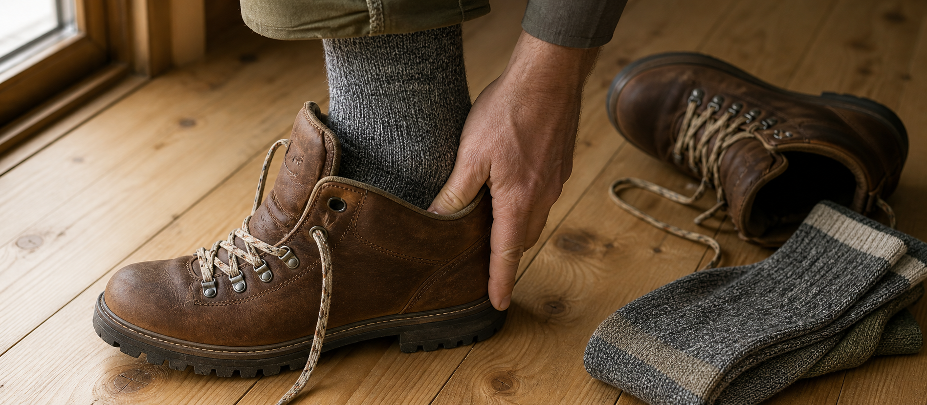 Close-up of a wool-socked foot settling into the heel cup of a brown leather hiking boot during fitting, illustrating proper hiking boot fit technique