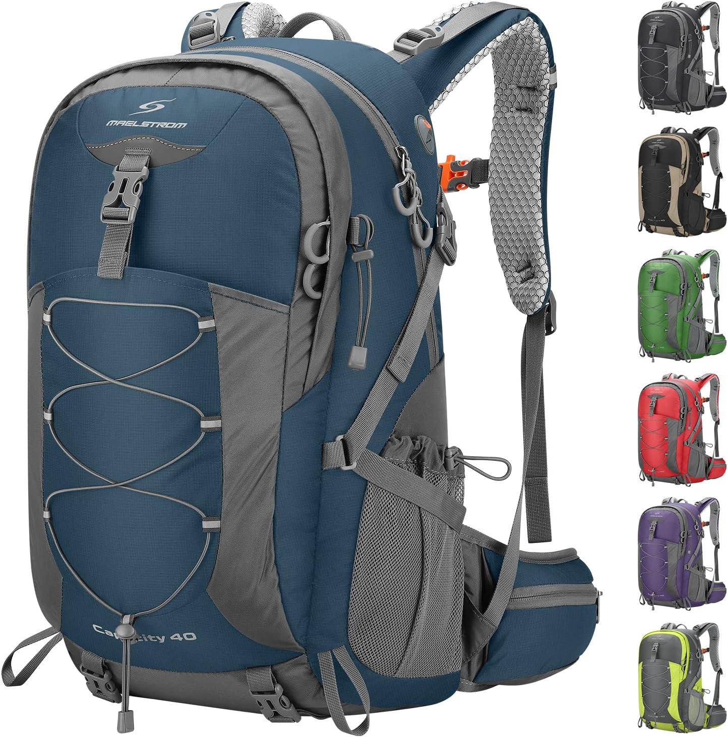 Maelstrom 40L best budget hiking backpack with rain cover in blue and grey