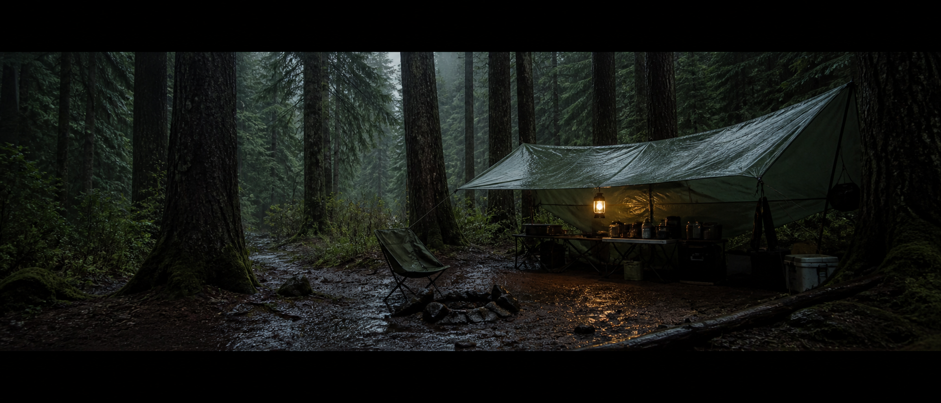 Rain-soaked Oregon campsite under tall conifers with a tarp setup over the kitchen area