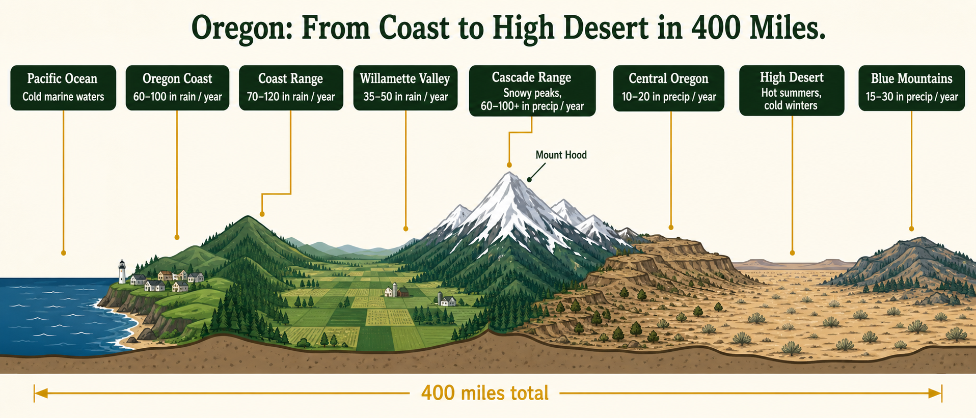 Cross-section diagram of Oregon terrain from west to east showing the Pacific Ocean, Coast Range, Willamette Valley, Cascades, Central Oregon plateau, and high desert across 400 miles