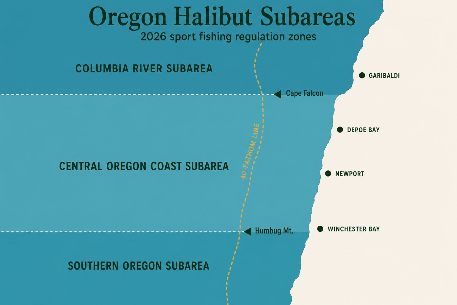 Map of Oregon halibut sport-fishing subareas in 2026, showing the Columbia River, Central Oregon Coast, and Southern Oregon zones with the 40-fathom line and the four major ports of Garibaldi, Depoe Bay, Newport, and Winchester Bay marked along the coast.