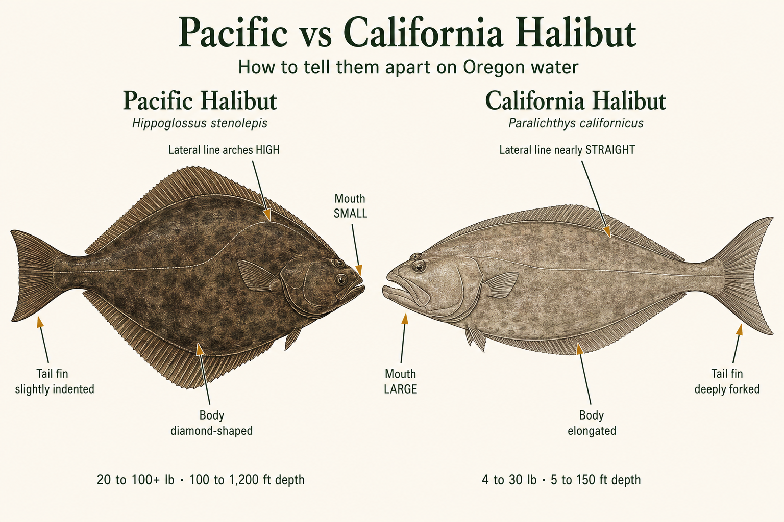 Side-by-side identification illustration of Pacific halibut and California halibut, with labeled callouts showing the differences in lateral line arch, mouth size, body shape, and caudal fin used to tell them apart.