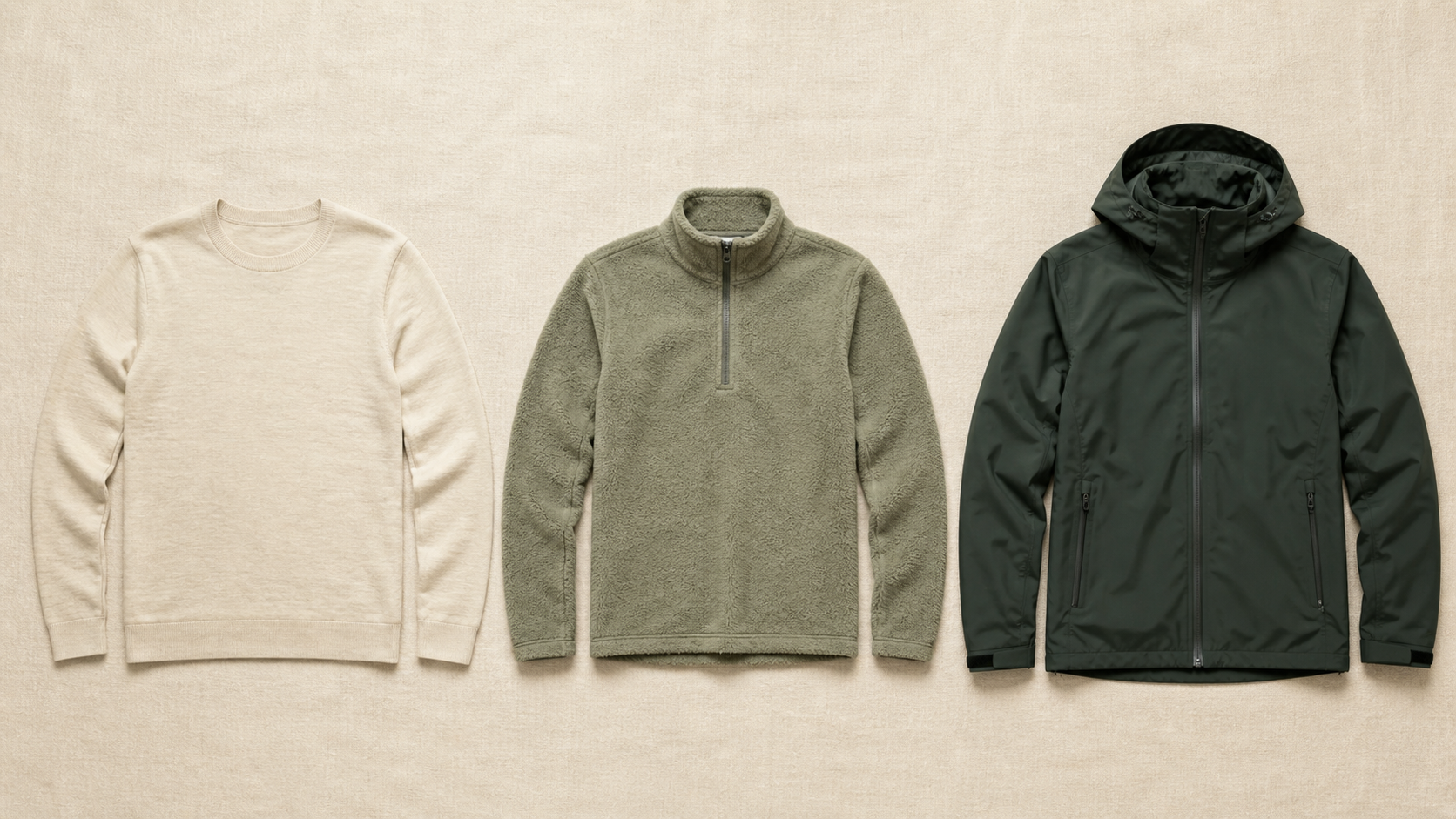 Three-layer outdoor clothing system flat-lay: cream merino base layer, sage fleece mid layer, and forest green hardshell rain jacket arranged side by side on cream linen