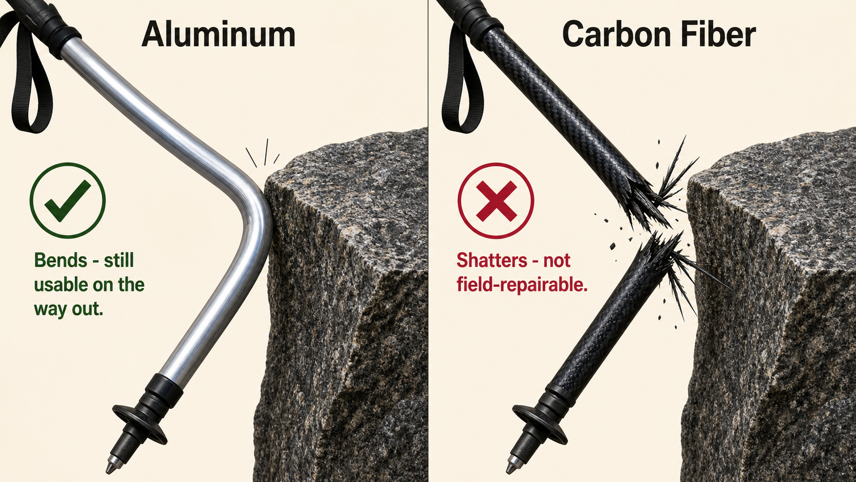 Split illustration showing aluminum trekking pole bent but intact after lateral impact on granite on the left, and carbon fiber pole shattered at the break point on the right, comparing the two failure modes