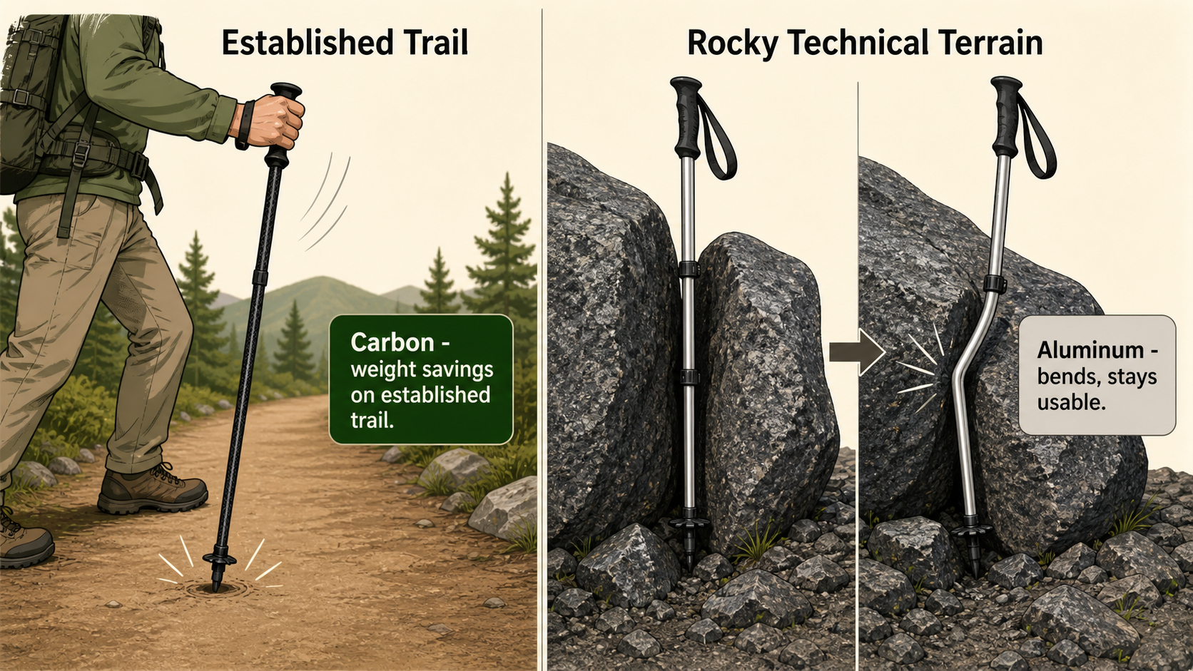 Split illustration comparing carbon fiber trekking poles on smooth established trail on the left versus aluminum poles shown bending rather than breaking on rocky technical terrain on the right