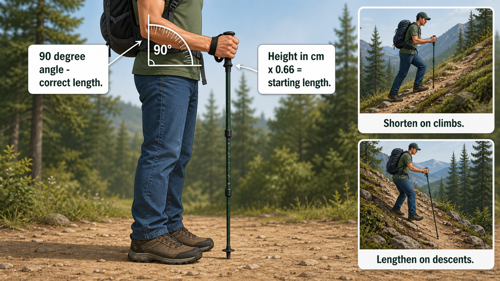 Instructional illustration of correct trekking pole length setup showing a hiker with elbow at 90 degrees when pole tip is on the ground, with insets showing shortened poles for climbs and lengthened poles for descents