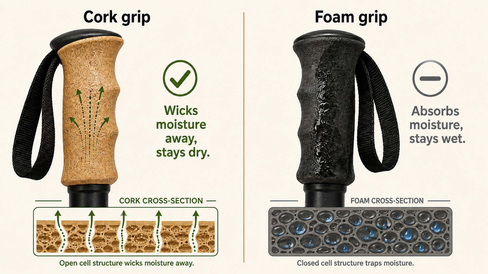 Side-by-side illustration comparing a cork trekking pole grip shown dry and moisture-wicking on day three of a backpacking trip on the left versus a foam grip shown darkened and saturated with moisture on the right