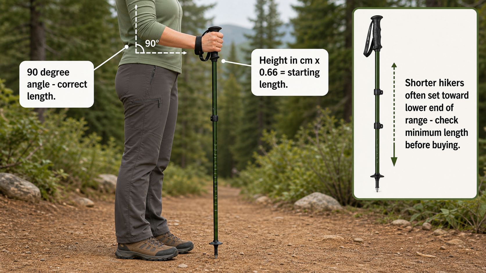 Instructional illustration of correct trekking pole length for a shorter hiker, showing elbow at 90 degrees with pole tip on the ground, with an inset showing the adjustment range and a note to check minimum pole length before buying