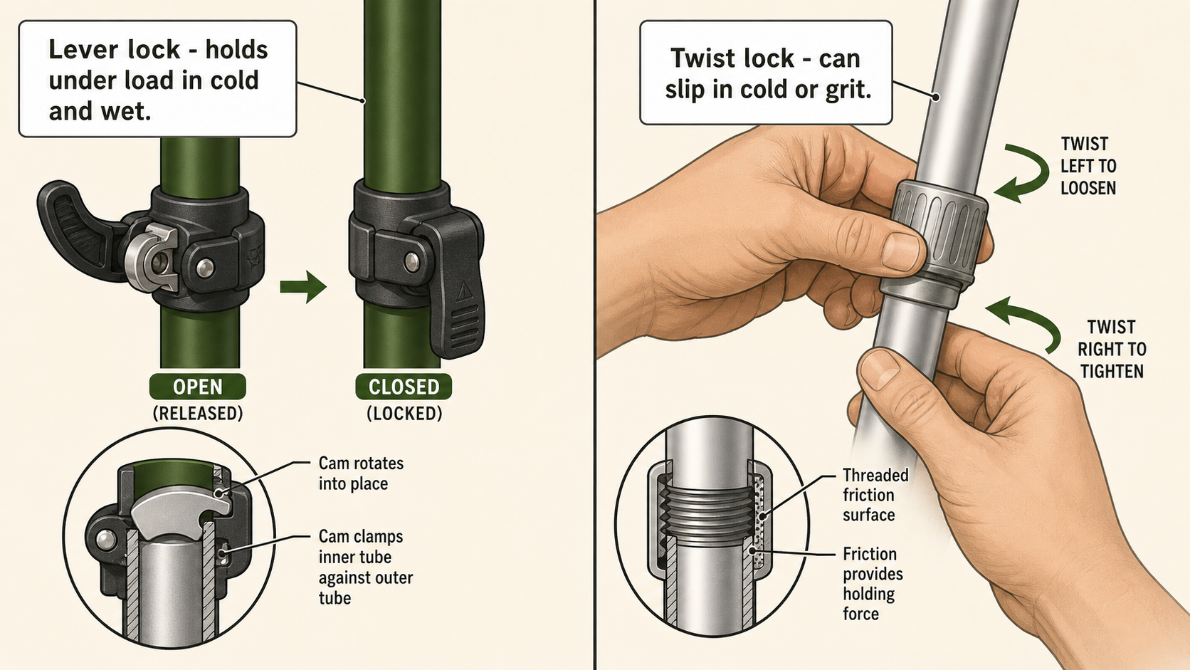Side-by-side instructional illustration comparing lever lock and twist lock trekking pole mechanisms, showing a cam-based lever lock on the left and threaded twist lock on the right with internal cross-section detail