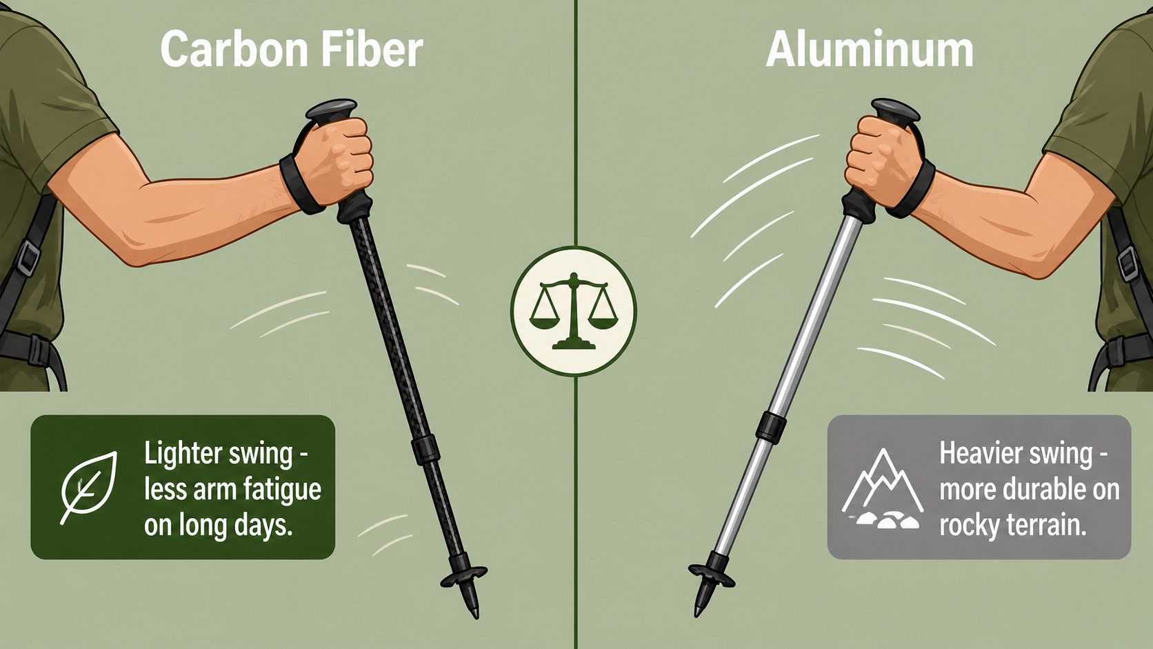 Split illustration comparing the swing motion of a carbon fiber trekking pole showing light effortless swing on the left versus a heavier aluminum pole swing on the right, with motion lines indicating effort difference