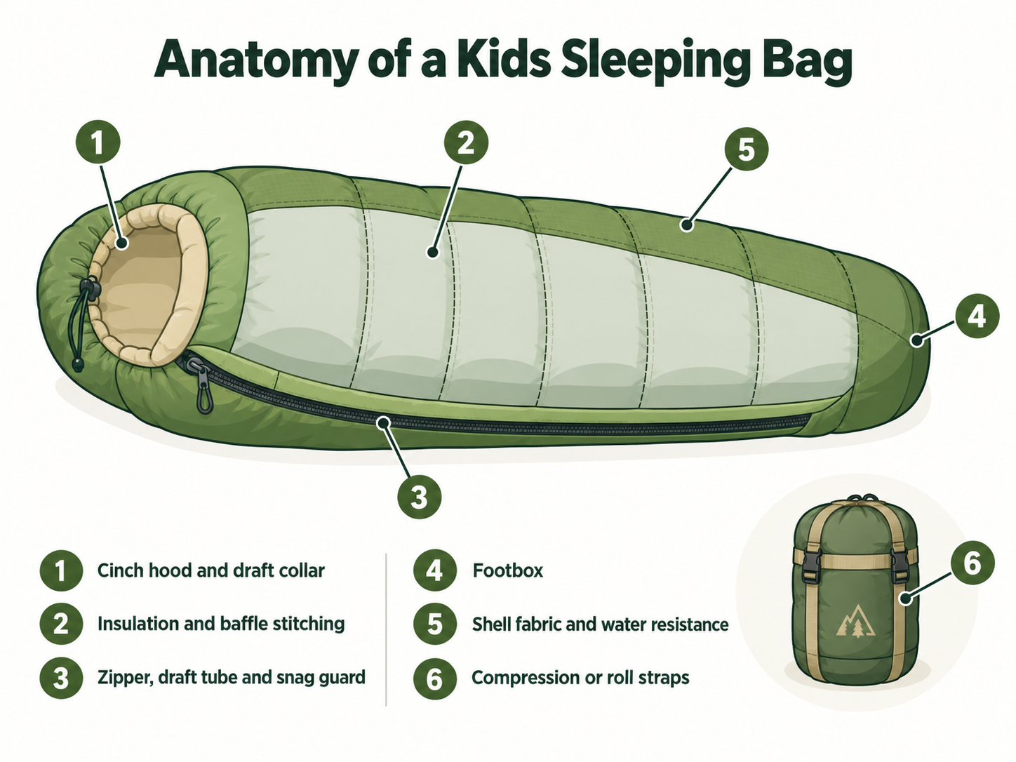 Anatomy of a kids sleeping bag, a labeled diagram with six numbered callouts: cinch hood and draft collar, insulation and baffle stitching, zipper with draft tube, footbox, shell fabric, and compression sack