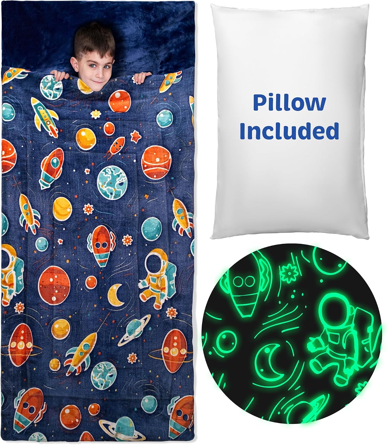 Glow in the dark kids sleeping bag with a built in pillow pocket